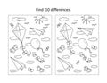 Things that fly find the differences picture puzzle and coloring page Royalty Free Stock Photo